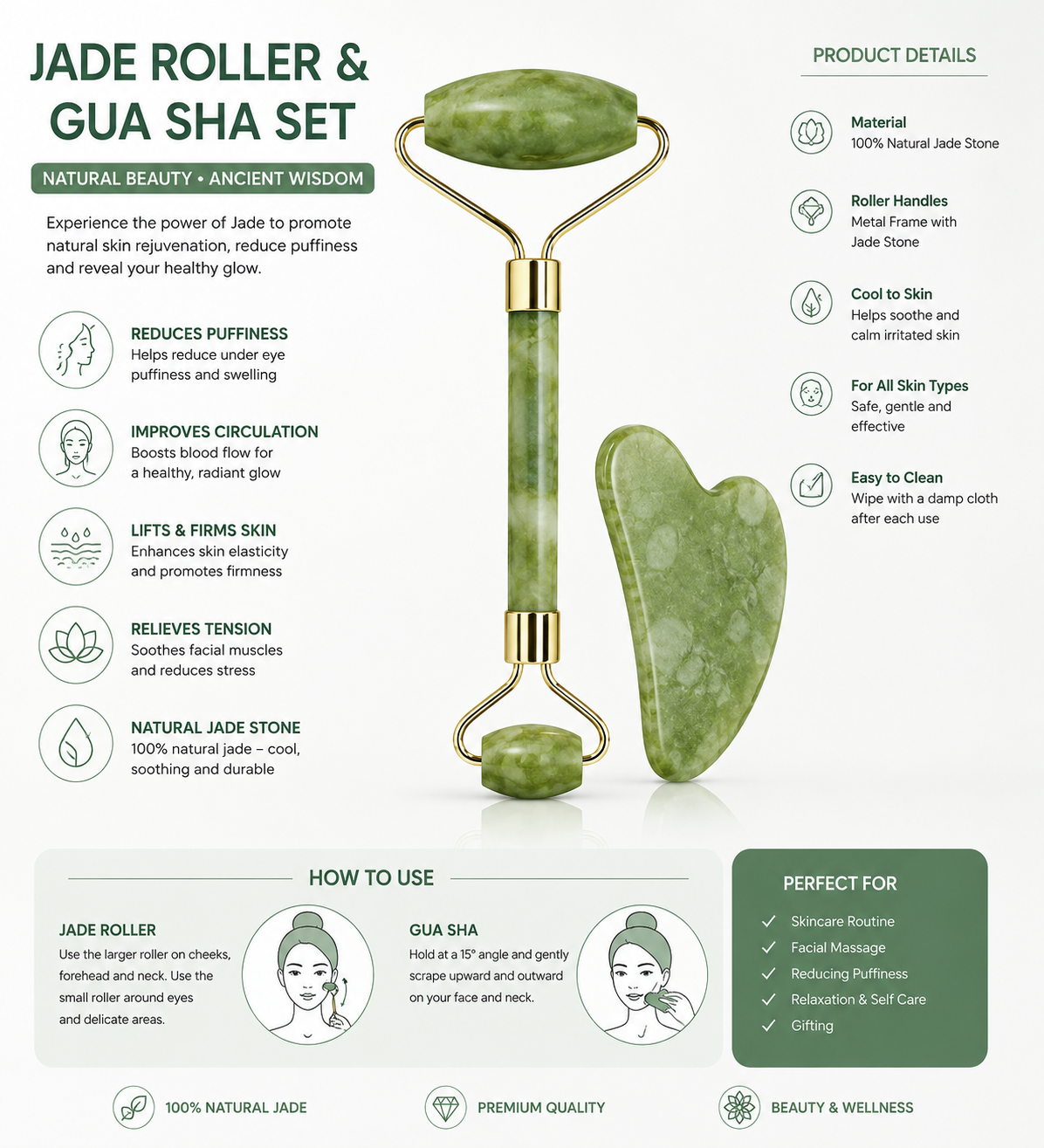 Premium Natural Jade Roller & Gua Sha Facial Massage Set | Face Lifting, Skin Tightening & Puffiness Reduction Tool