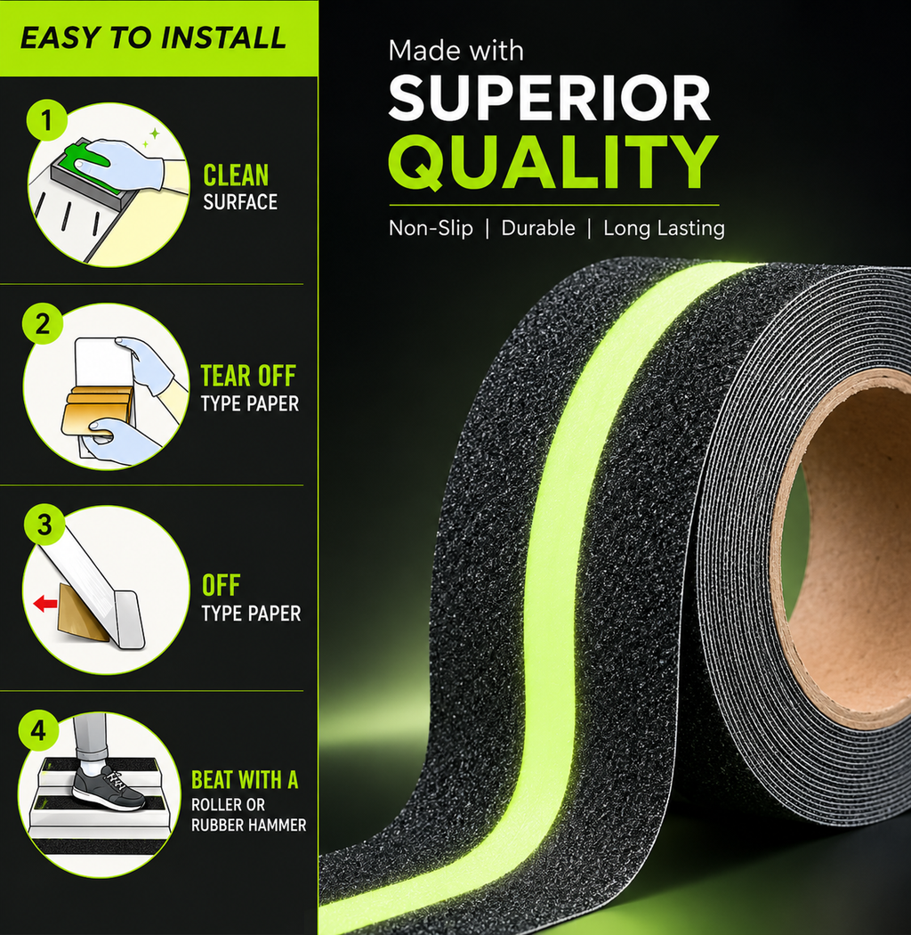 Glow in the Dark Anti-Slip Safety Grip Tape Roll | Waterproof Non-Skid Adhesive Stair Tape for Stairs, Floors, Bathroom & Outdoor Use