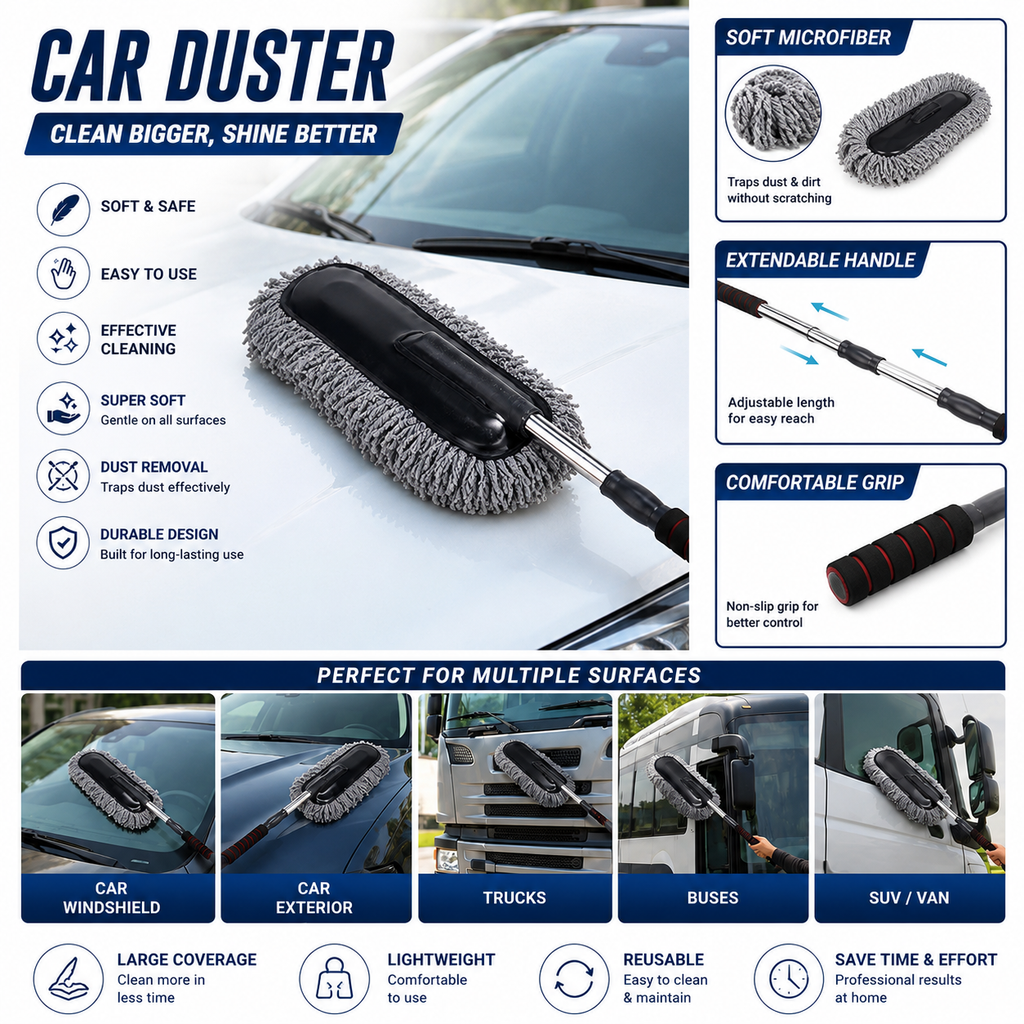 Premium Extendable Microfiber Car Duster – Soft Scratch-Free Car Cleaning Brush with Telescopic Handle for Car, SUV, Truck & Bike