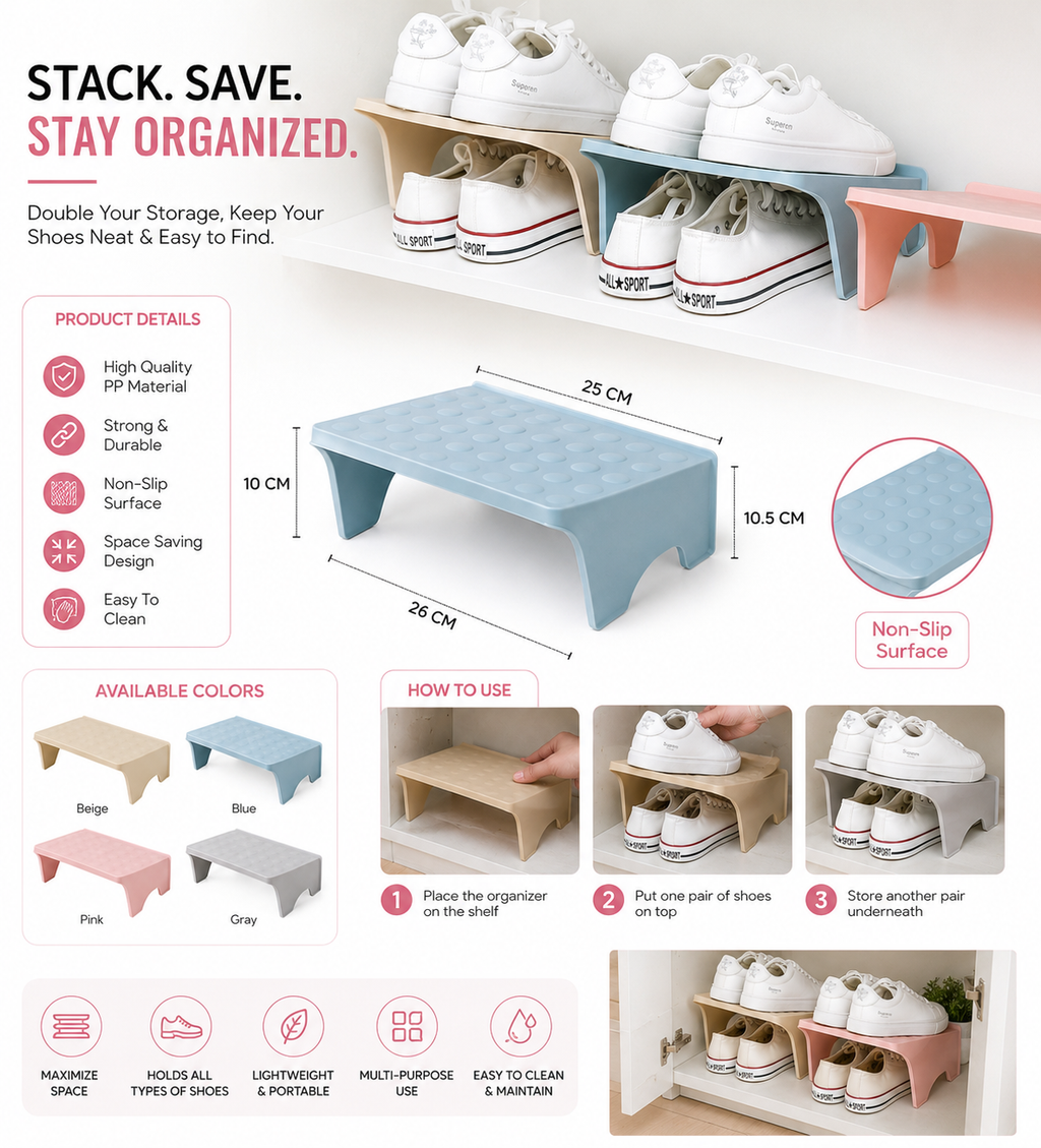 Space-Saving Shoe Organizer Shelf | Double Layer Shoe Storage Rack for Closet & Cabinet (Pack of 5)