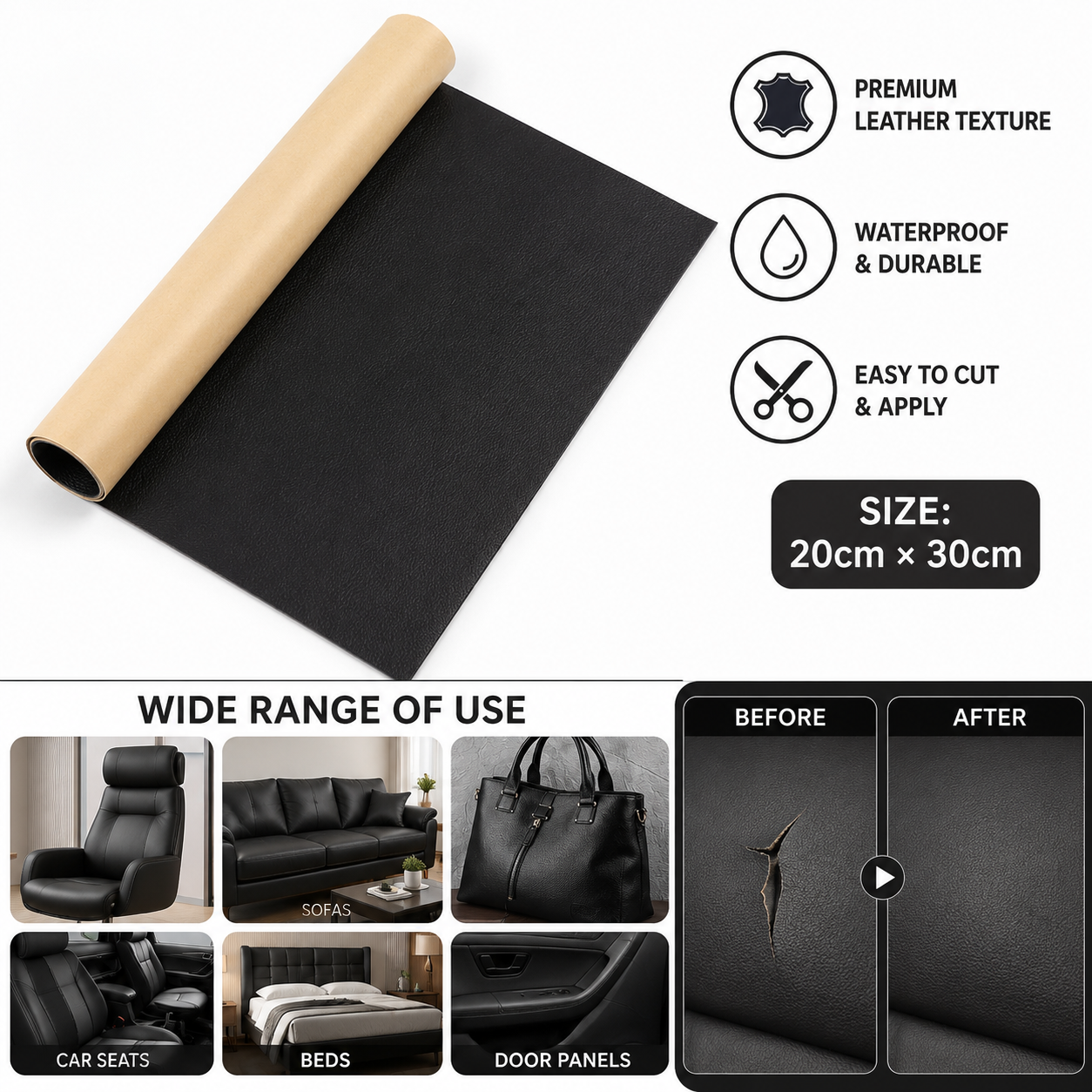 Premium Self-Adhesive Leather Repair Patch – Waterproof PU Leather Repair Tape for Sofa, Car Seats, Office Chairs, Furniture, Bags & Upholstery (Cut-to-Fit)