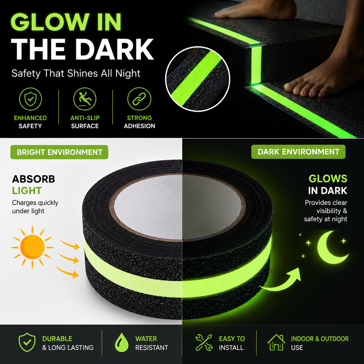 Glow in the Dark Anti-Slip Safety Grip Tape Roll | Waterproof Non-Skid Adhesive Stair Tape for Stairs, Floors, Bathroom & Outdoor Use