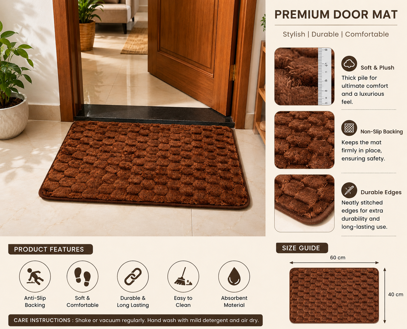 Premium Plush Anti-Slip Door Mat | Soft Absorbent Entrance Floor Rug for Home & Office (40 × 60 cm)