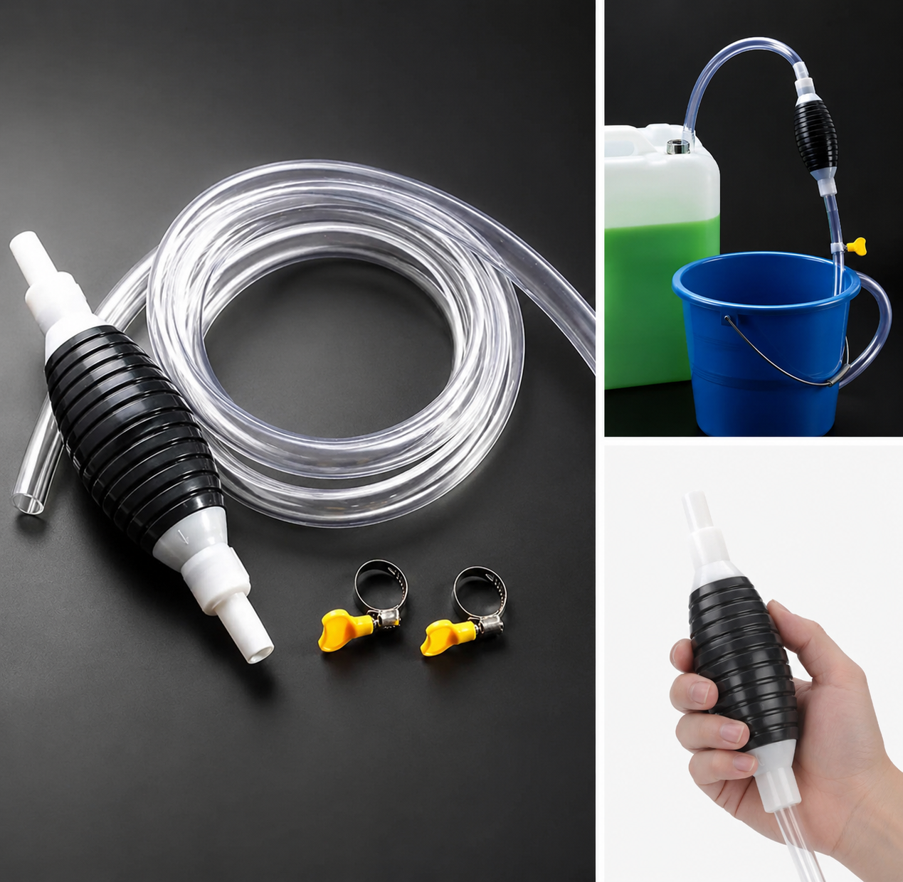 Premium Manual Fuel & Water Transfer Siphon Pump Kit with Transparent Hose & Hose Clamps | Multi-Purpose Liquid Transfer Pump for Petrol, Diesel, Water & Oil