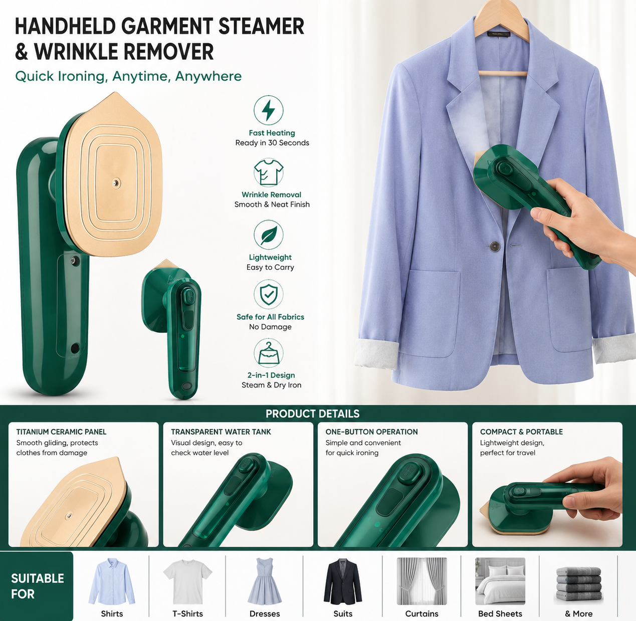 Premium Portable Handheld Mini Steam Iron | 2-in-1 Dry & Steam Garment Steamer | Travel Clothes Iron for Home & Travel
