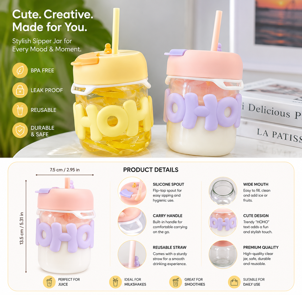 Premium Cute Glass Tumbler with Straw & Leakproof Lid | Reusable Drinking Cup for Juice, Milk, Coffee & Smoothies
