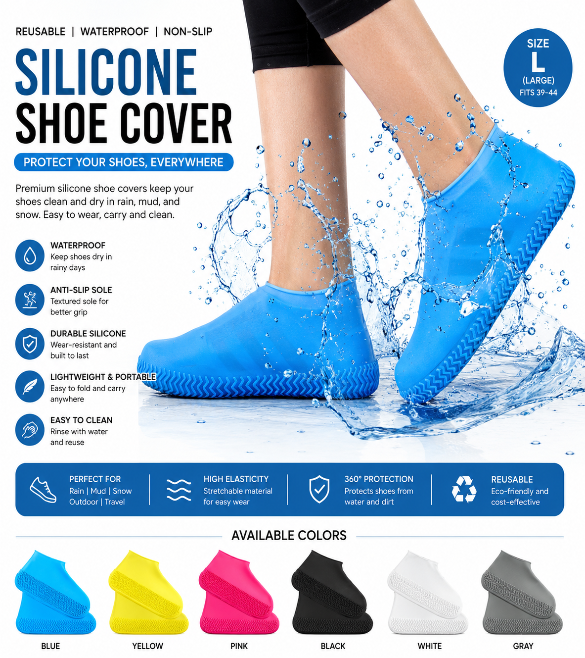 Premium Reusable Waterproof Silicone Shoe Covers | Anti-Slip Rain Shoe Protectors for Outdoor, Travel & Bike Riding