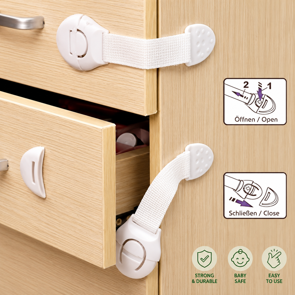 Premium Adjustable Baby Safety Cabinet Locks | Child Proof Drawer & Cupboard Safety Strap Locks (Pack of 10)