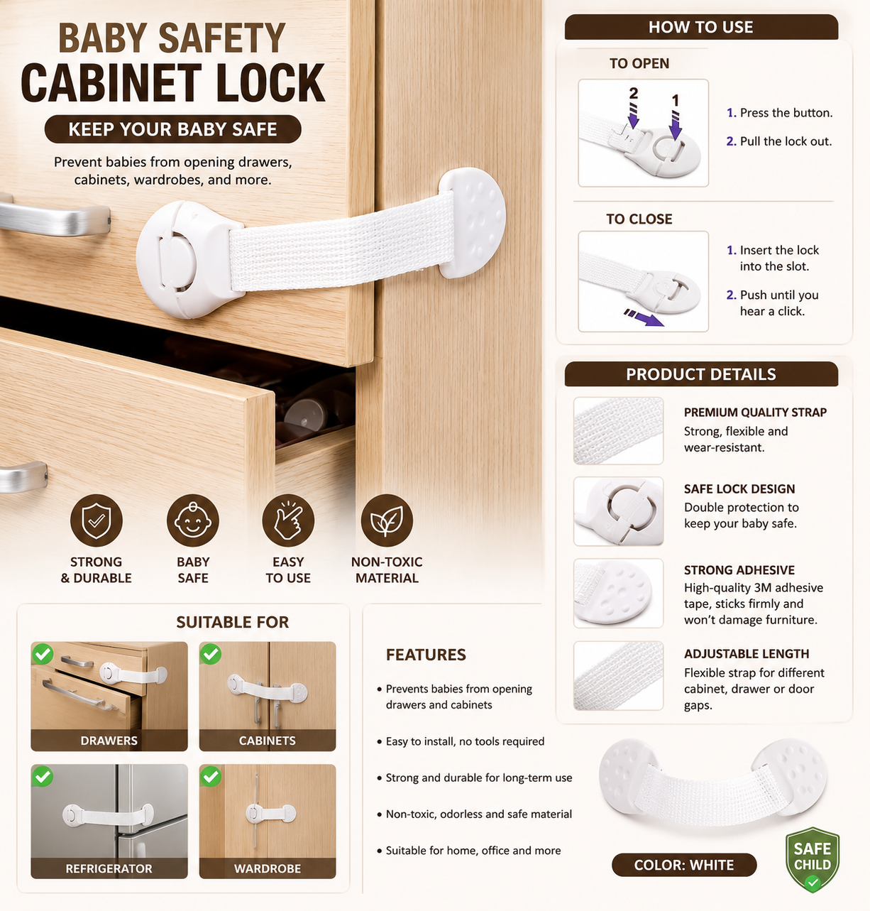Premium Adjustable Baby Safety Cabinet Locks | Child Proof Drawer & Cupboard Safety Strap Locks (Pack of 10)