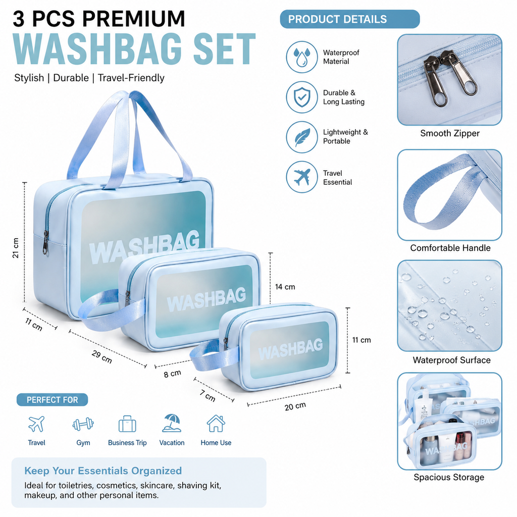 Premium 3-Piece Waterproof Travel Wash Bag Organizer Set | Cosmetic & Toiletry Storage Bags