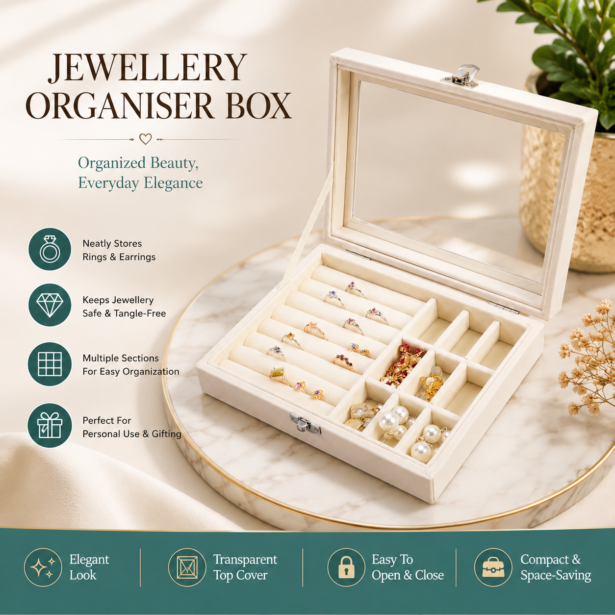 Luxury Velvet Jewellery Organizer Box with Transparent Lid | Multi-Compartment Ring, Earring & Necklace Storage Case