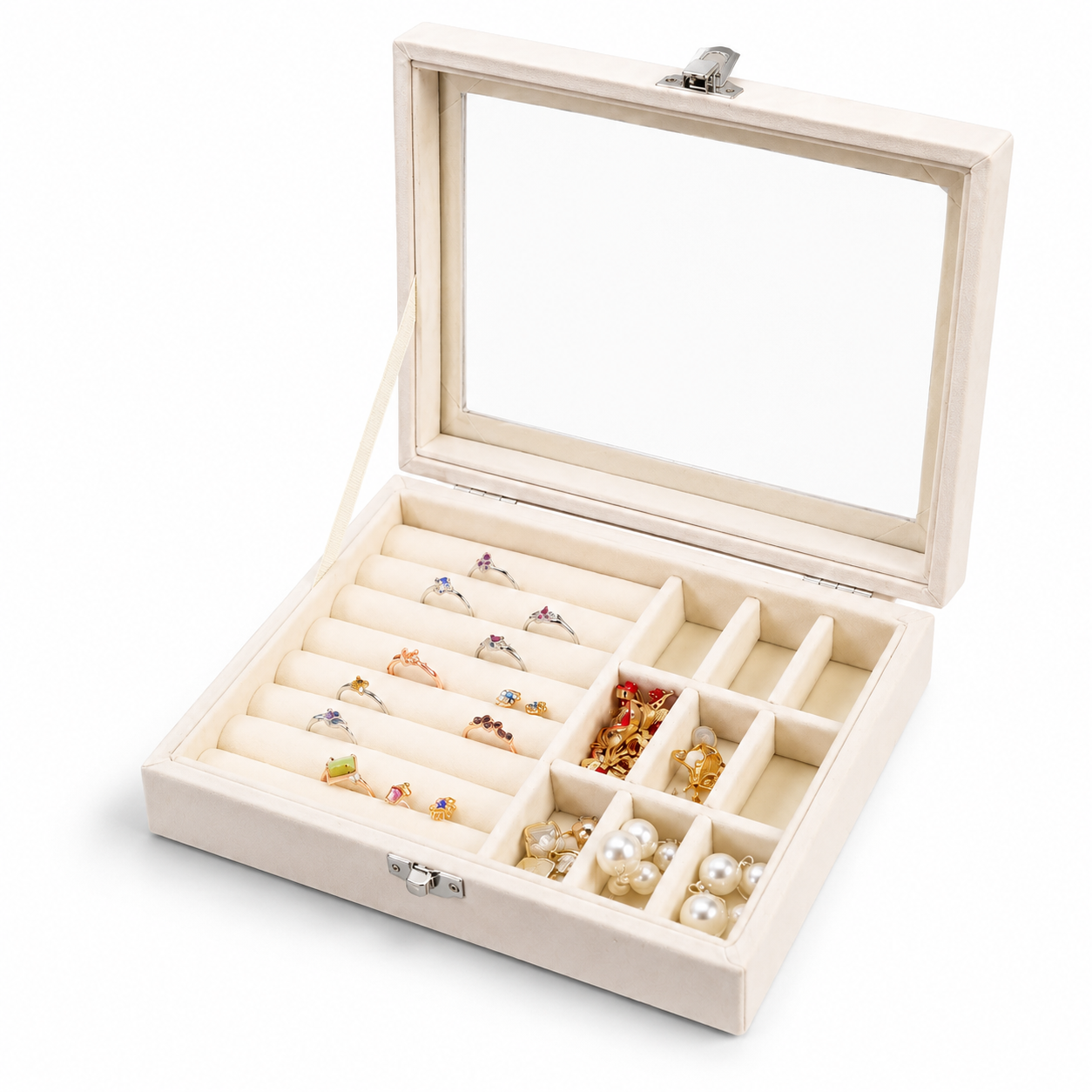 Luxury Velvet Jewellery Organizer Box with Transparent Lid | Multi-Compartment Ring, Earring & Necklace Storage Case
