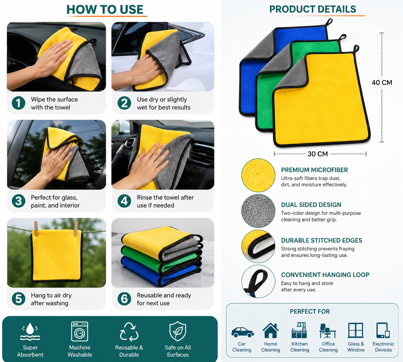Premium Dual-Sided Microfiber Car Cleaning Towels (30 × 40 cm) | Ultra-Absorbent, Scratch-Free Multipurpose Cleaning Cloth – Pack of 3