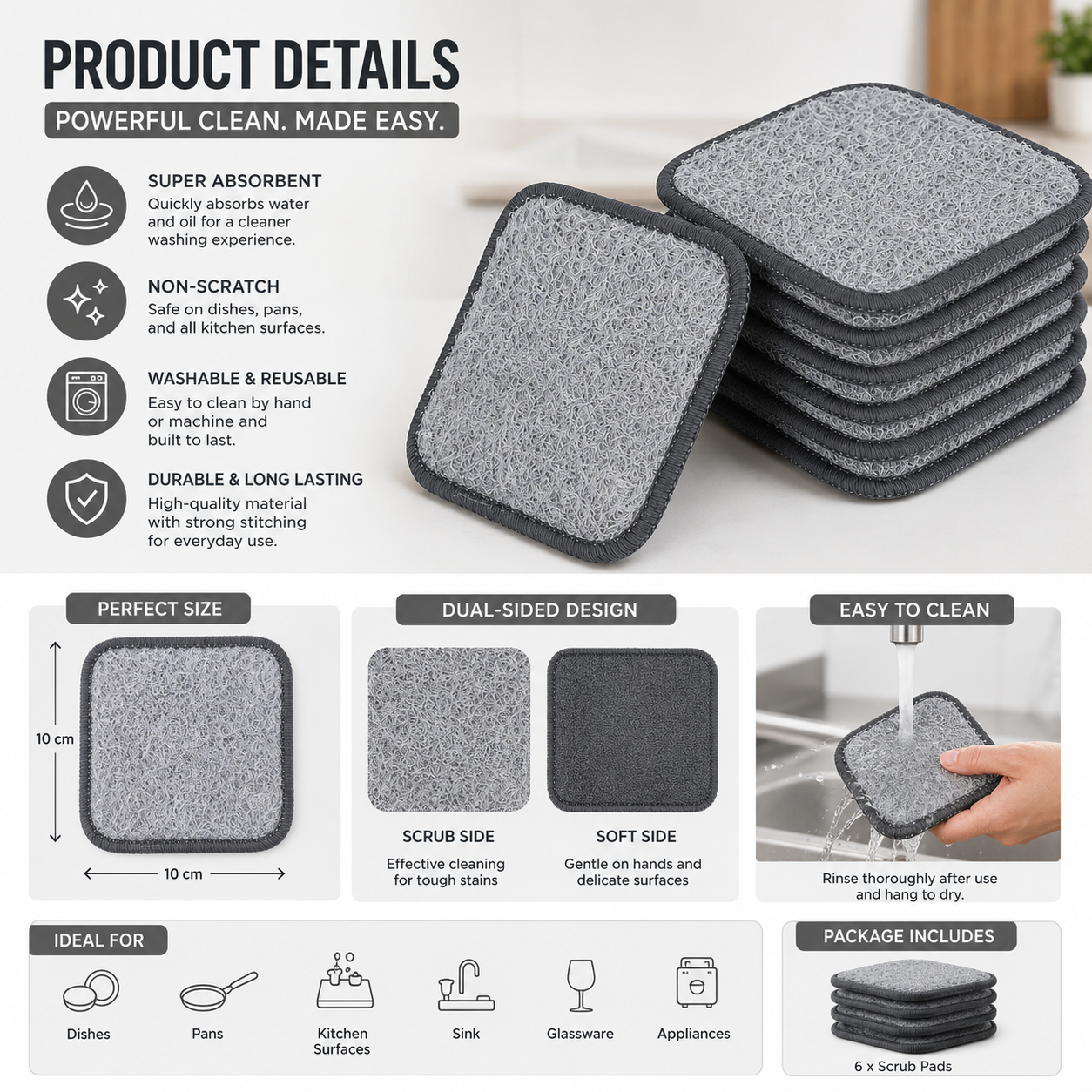 Premium Dual-Sided Reusable Kitchen Scrub Pads (Pack of 6) – Non-Scratch Cleaning Sponge for Dishes, Pots, Pans & Kitchen Surfaces