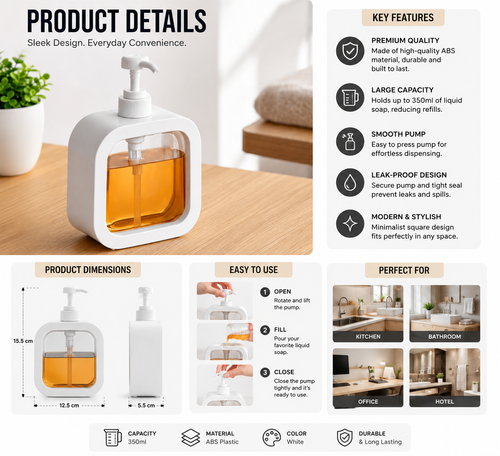 Modern Refillable Soap Dispenser with Transparent Window – Premium ABS Liquid Soap & Lotion Pump (350ml)