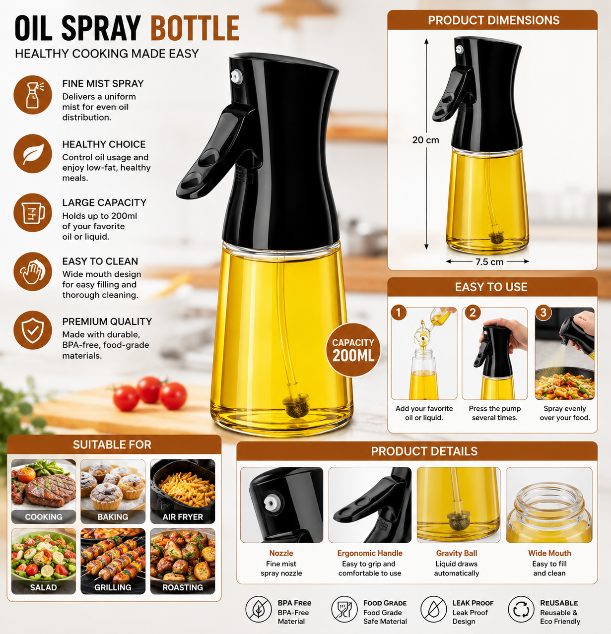 Premium Oil Spray Bottle for Cooking – Refillable Fine Mist Olive Oil Sprayer (200ml)