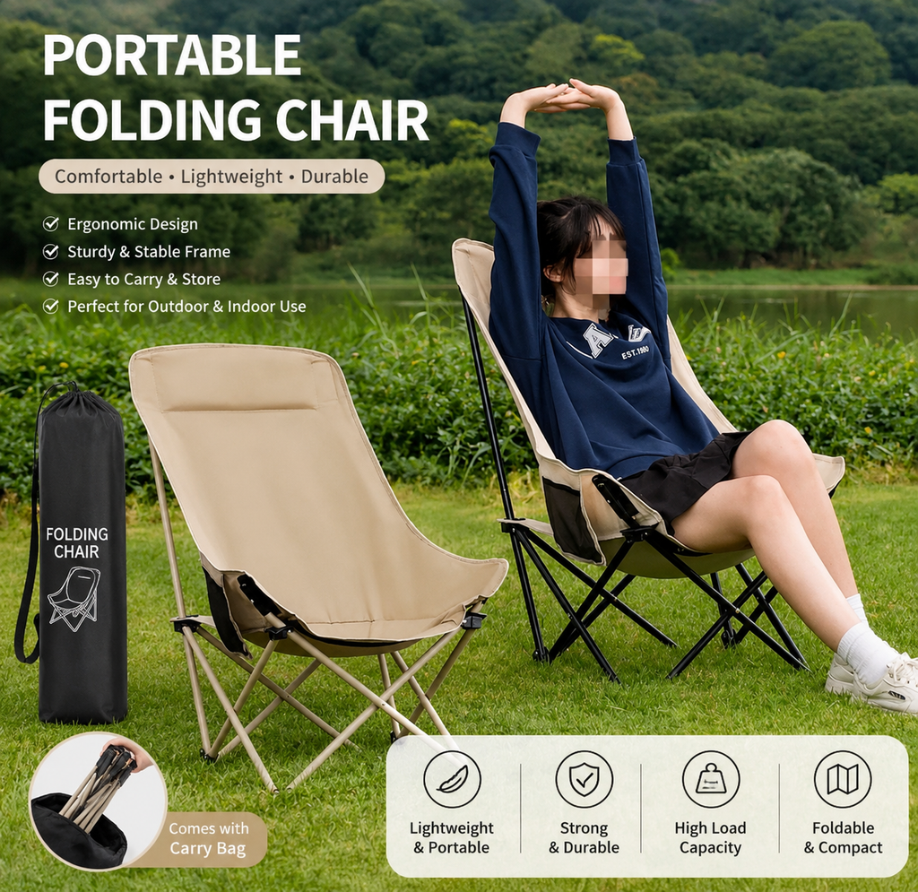 Portable Folding Camping Chair | Heavy Duty Foldable Outdoor Chair with Carry Bag | Lightweight Steel Frame | Camping, Picnic, Garden & Fishing Chair (Beige)