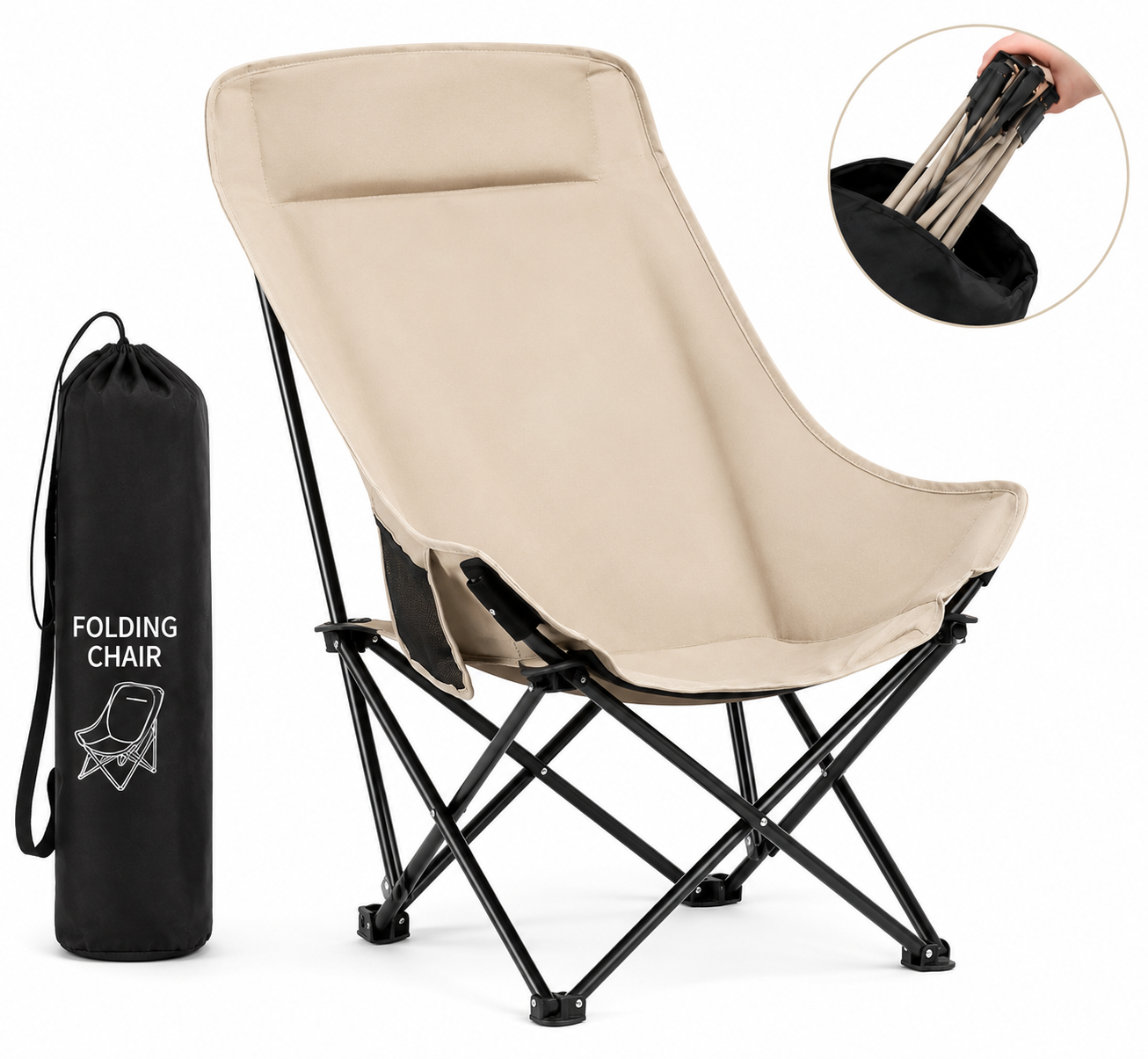 Portable Folding Camping Chair | Heavy Duty Foldable Outdoor Chair with Carry Bag | Lightweight Steel Frame | Camping, Picnic, Garden & Fishing Chair (Beige)