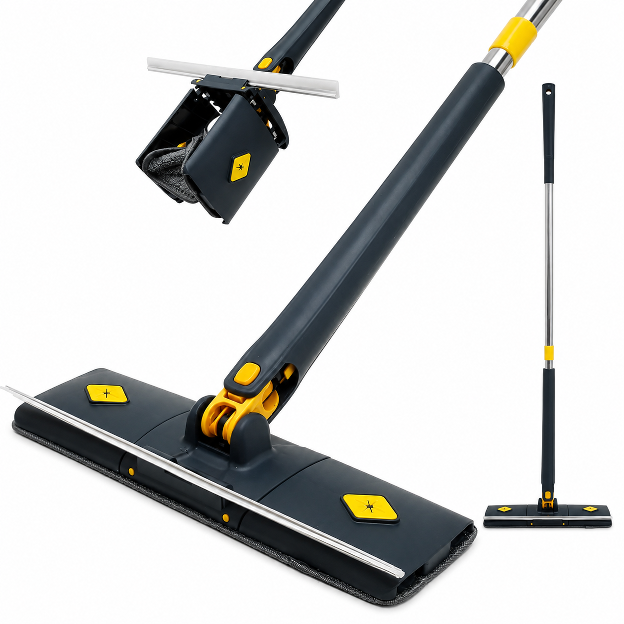360° Flat Floor Mop with Self-Squeeze System | Reusable Microfiber Pad | Wet & Dry Cleaning Mop | Stainless Steel Handle | Black & Yellow