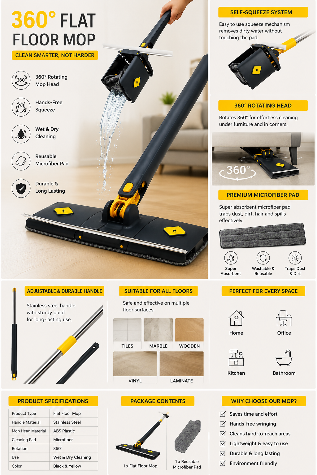 360° Flat Floor Mop with Self-Squeeze System | Reusable Microfiber Pad | Wet & Dry Cleaning Mop | Stainless Steel Handle | Black & Yellow