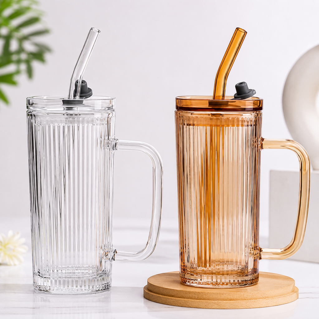 Premium Ribbed Glass Tumbler with Handle, Lid & Glass Straw | 450ml Reusable Drinking Mug | Clear & Amber pack of 1