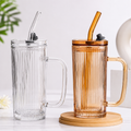 Premium Ribbed Glass Tumbler with Handle, Lid & Glass Straw | 450ml Reusable Drinking Mug | Clear & Amber pack of 1