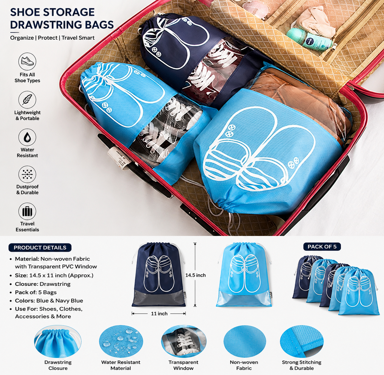 Travel Shoe Storage Bags with Transparent Window – Reusable Waterproof Drawstring Shoe Organizer (Pack of 5)